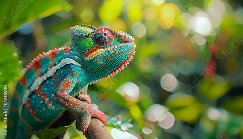 Vibrant Tropical Chameleon Perched on Branch in Lush Greenery