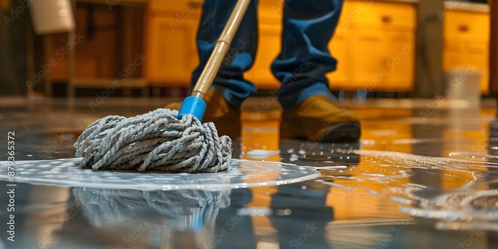 Man using mop to clean floor in closeup shot. Concept Household Chores, Cleaning Supplies, Home Maintenance, Closeup Photography Man using mop to clean floor in closeup shot. Concept Household Chores, Cleaning Supplies, Home Maintenance, Closeup Photography