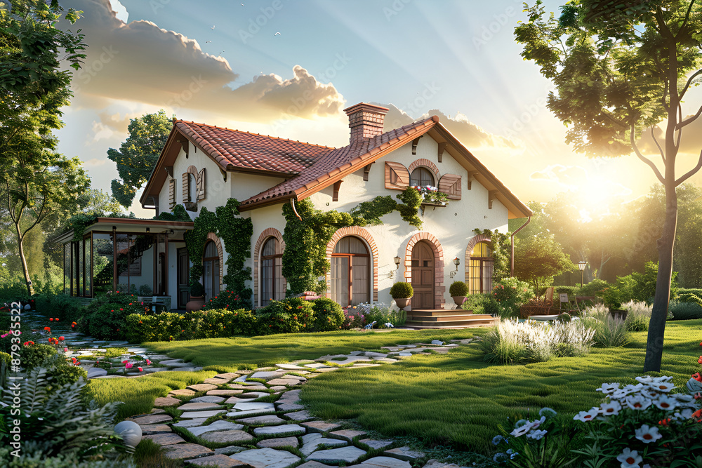 Entrance of a luxury house with a patio and beautiful landscaping on a bright, sunny day, low angle home exterior view ,House with garden at sunset Entrance of a luxury house with a patio and beautiful landscaping on a bright, sunny day, low angle home exterior view ,House with garden at sunset