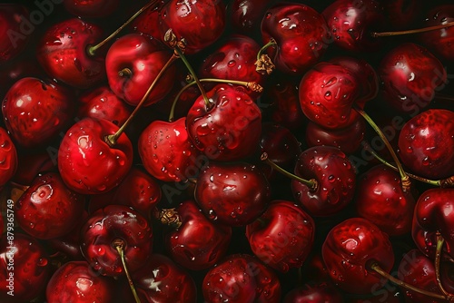 Close up view of a pile of ripe, juicy red cherries glistening with water droplets