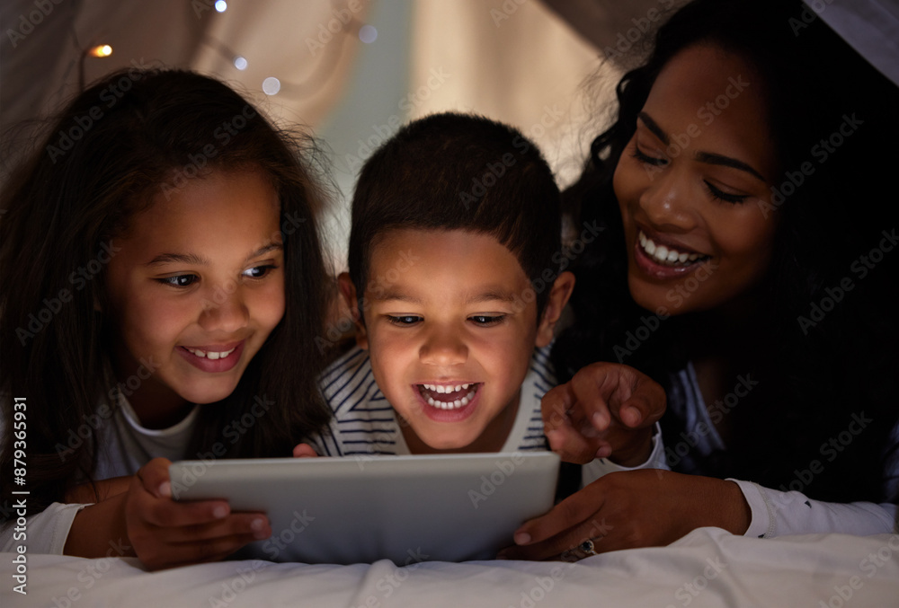 Bed, mother and children with tablet for connection, education and e learning together for bonding at home. People, mom and kids with digital for streaming cartoon, game and video at night in house