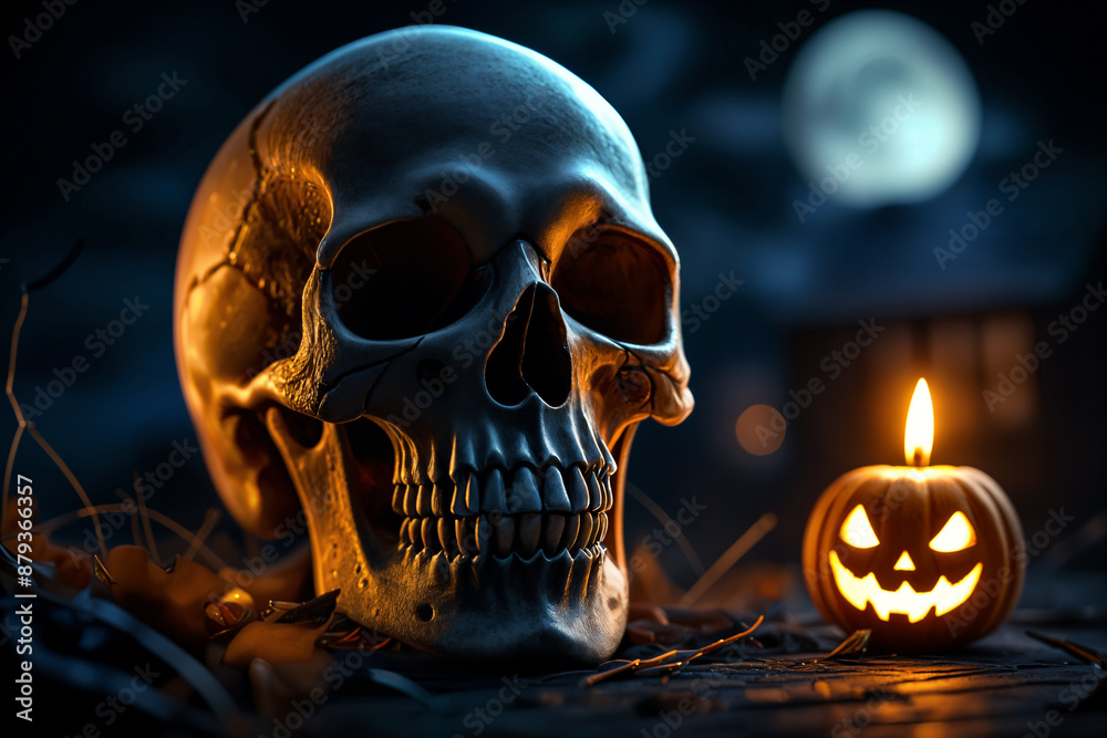 Large skull with a lit jack-o'-lantern placed next to it, creating a halloween theme. Large skull with a lit jack-o'-lantern placed next to it, creating a halloween theme.