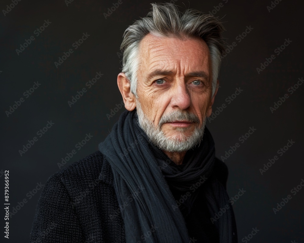 A man with a gray beard and a scarf around his neck. He is wearing a black coat and a black scarf A man with a gray beard and a scarf around his neck. He is wearing a black coat and a black scarf