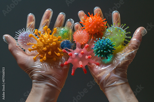 Abstract image of a human hands covered with germs, bacteria and viruses. Generated by artificial intelligence photo