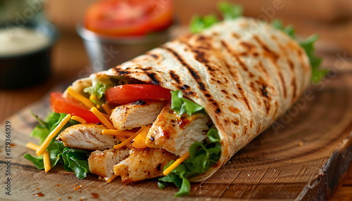 Delicious Chicken Wrap With Fresh Vegetables And Grilled Tortilla