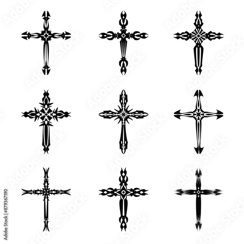 Christian cross vector icon symbols.  Abstract christian religious belief or faith art illustration for orthodox or catholic design. The symbol of the cross in various designs used in tattoo.	