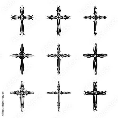 Christian cross vector icon symbols.  Abstract christian religious belief or faith art illustration for orthodox or catholic design. The symbol of the cross in various designs used in tattoo.	
