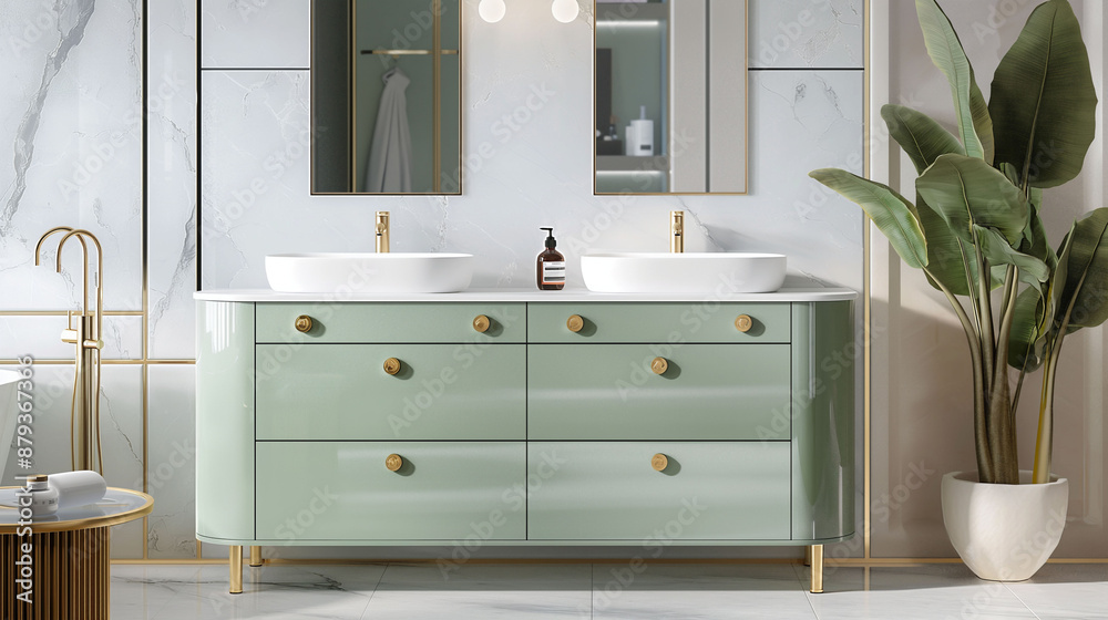 Obraz premium Modern dusty green bathroom interior with double sink vanity in mint colour. cabinet contemporary style concept with copy space
