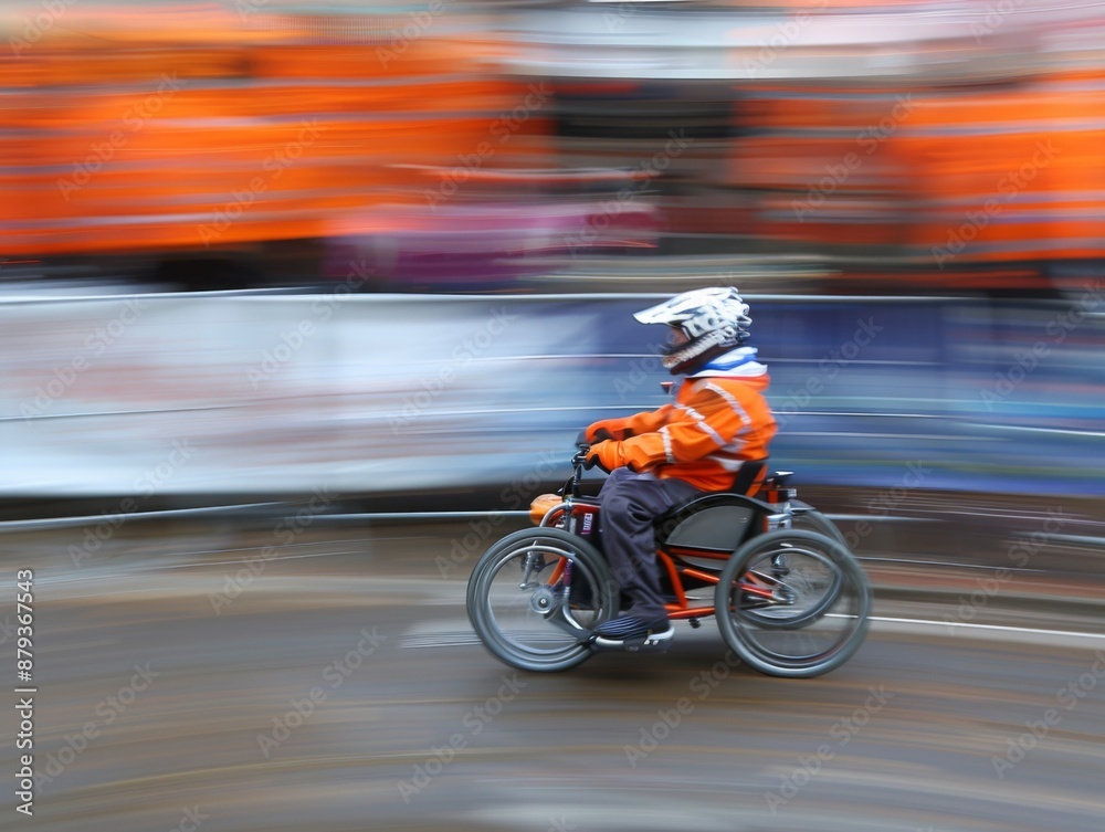 A man in an orange jacket is riding a trike. The image is blurry, giving it a sense of motion and excitement A man in an orange jacket is riding a trike. The image is blurry, giving it a sense of motion and excitement