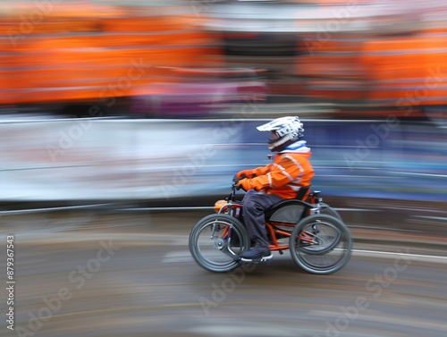 A man in an orange jacket is riding a trike. The image is blurry, giving it a sense of motion and excitement © Svyatoslav Lypynskyy