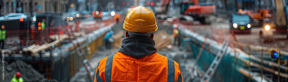 A construction worker in a hard hat and safety vest supervises an urban development project on a busy city street. A construction worker in a hard hat and safety vest supervises an urban development project on a busy city street.