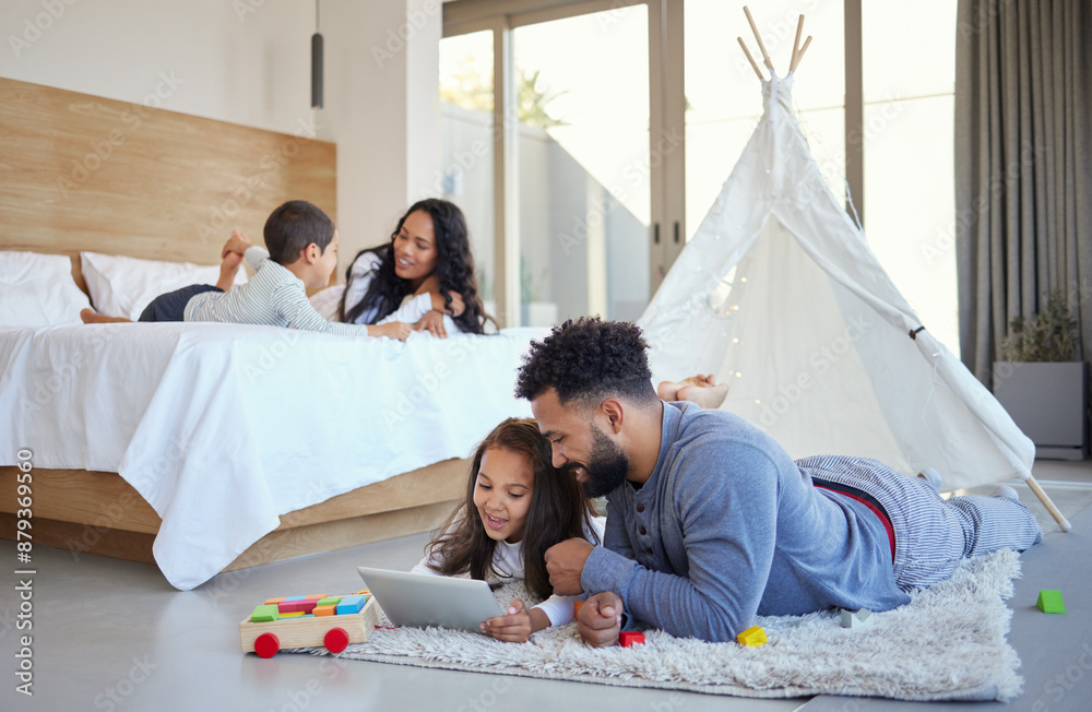Fototapeta premium Child, father and tablet with streaming in bedroom for growth, development and motor skills in home. Young person, girl and happy family with tech, education and games for youth, parents and bonding