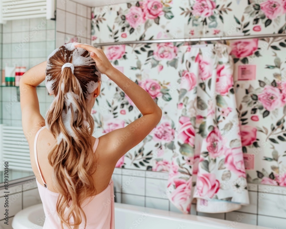 Naklejka premium A woman is washing her hair in a bathroom with a pink floral wallpaper. She is using a bottle of shampoo and a bottle of conditioner