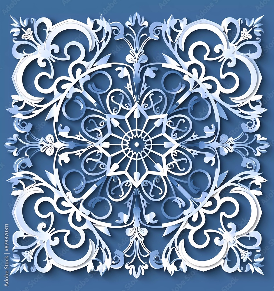 3D vector white ornament on blue background with geometric pattern, . 3D vector white ornament on blue background with geometric pattern, .