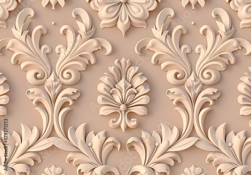 seamless pattern of beige damask, with light brown background, 3d paper cut style 