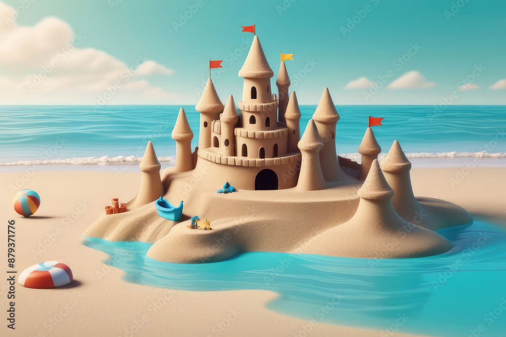 3D beach background with sand castle and beach with turquoise sea ocean coast line.