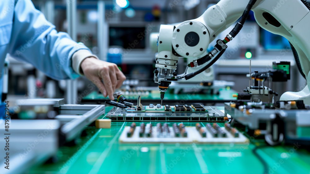 Naklejka premium of a robotic arm assembling small electronic components with a technician supervising the process, automation, manufacturing, innovation, robotics, B2B, production