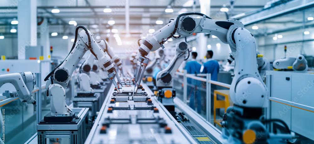 of an assembly line with multiple robotic arms working simultaneously, with engineers monitoring the production, automation, manufacturing, innovation, robotics, B of an assembly line with multiple robotic arms working simultaneously, with engineers monitoring the production, automation, manufacturing, innovation, robotics, B