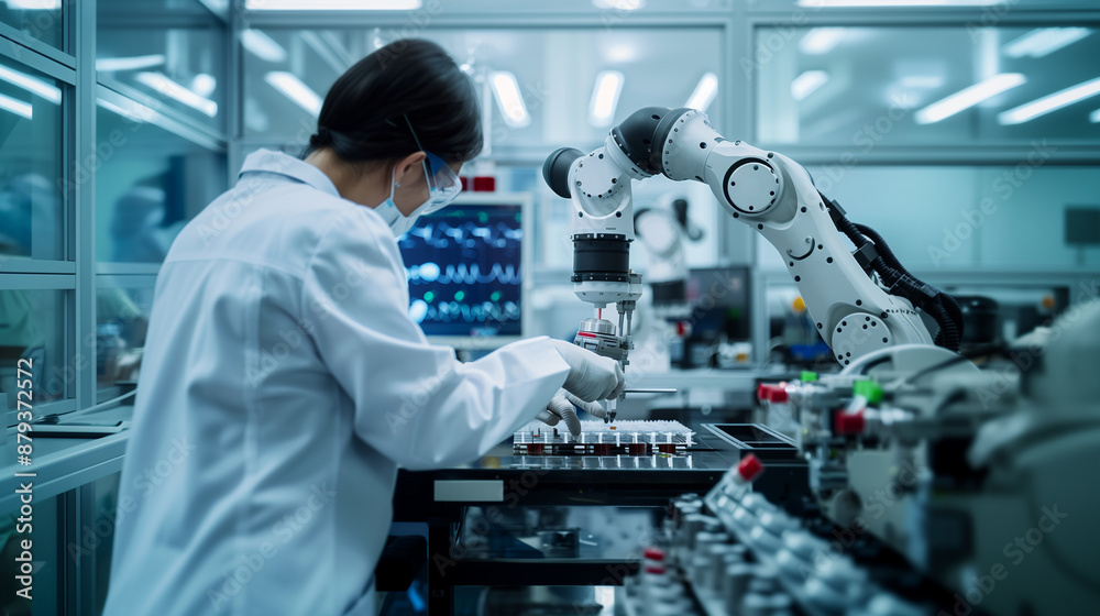 of a robotic arm precisely assembling delicate medical devices with a scientist observing, automation, manufacturing, innovation, robotics, B2B, production process of a robotic arm precisely assembling delicate medical devices with a scientist observing, automation, manufacturing, innovation, robotics, B2B, production process