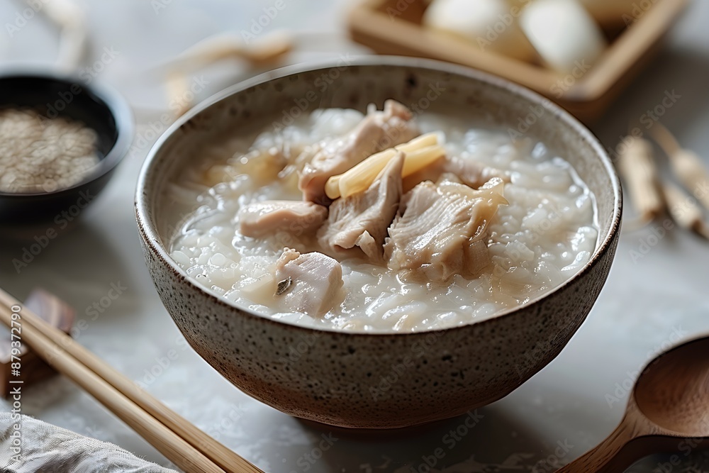 Food photo of simple rice porridge topped with chicken. Food photo of simple rice porridge topped with chicken.