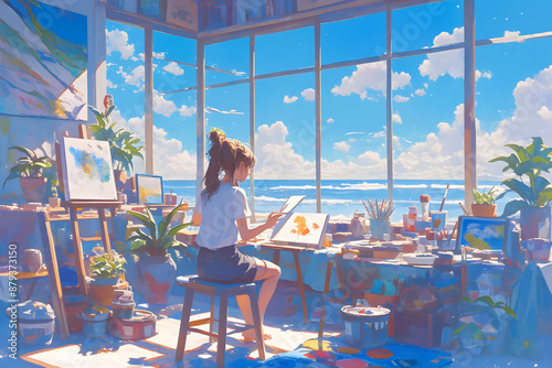 Artist Girl painting on a canvas in a sunlit studio with a beach view through the window, surrounded by colorful art supplies and palettes. Anime style, Cozy vibes