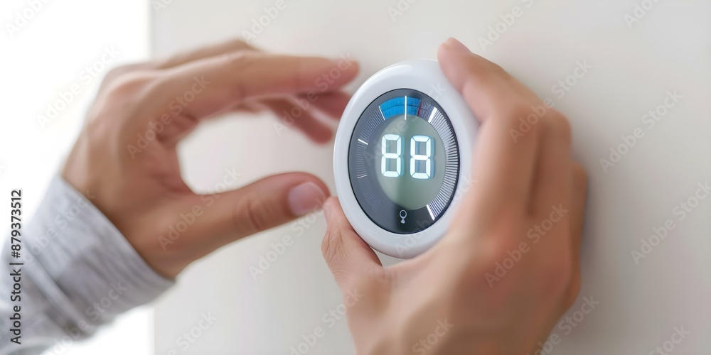 Family saving energy with programmable thermostat in minimalist style ...