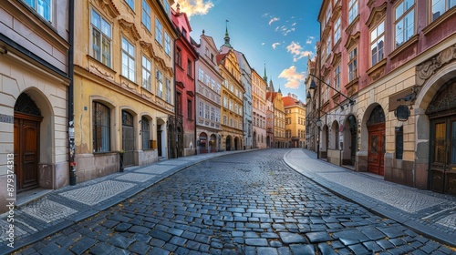 A panoramic view of a historic European city, cobblestone streets and ancient architecture