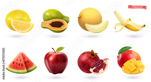 Fruits and berries, high quality realistic vector set. Lemon, papaya, melon, banana, watermelon, apple, pomegranate, mango
