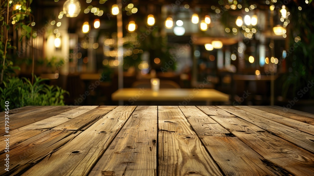 Empty wooden table for arranging products in the blurred background of a restaurant Empty wooden table for arranging products in the blurred background of a restaurant