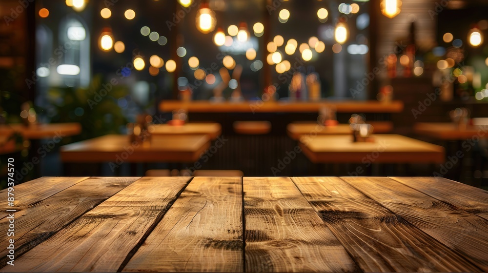 Empty wooden table for arranging products in the blurred background of a restaurant Empty wooden table for arranging products in the blurred background of a restaurant