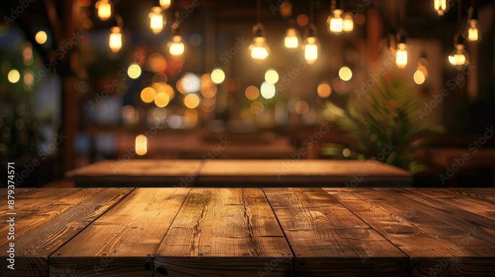 Empty wooden table for arranging products in the blurred background of a restaurant Empty wooden table for arranging products in the blurred background of a restaurant