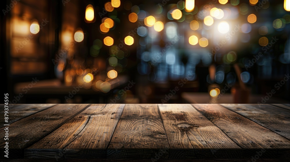 Empty wooden table for arranging products in the blurred background of a restaurant 