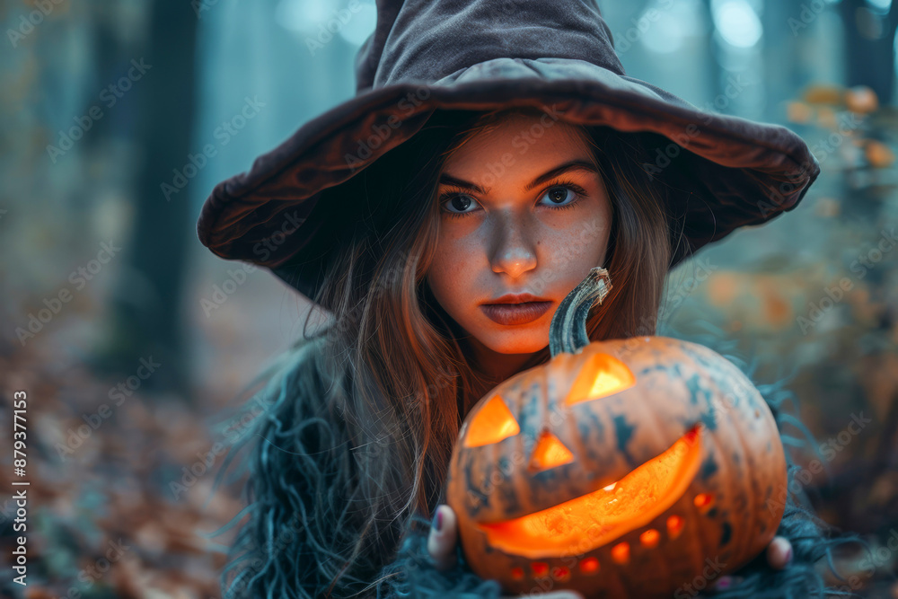 A young witch with a serious expression holds a glowing jack o lantern in a misty forest, creating a spooky Halloween vibe A young witch with a serious expression holds a glowing jack o lantern in a misty forest, creating a spooky Halloween vibe