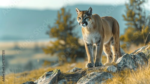 Mountain Lion in the Rockies- A mountain lion prowls silently along a rocky ridge in the Rocky Mountains