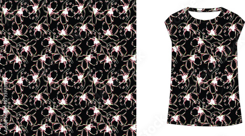 A black and white shirt with a pattern and a fabric swatch with the same repeating design shown beside it