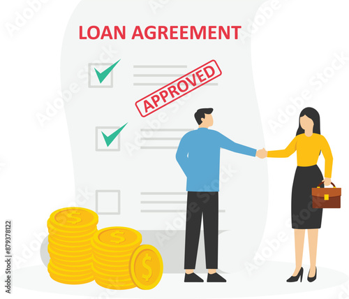 Businessman shaking hand with loan agreement and money bag. Loan agreement borrow money from bank, mortgage, debt or obligation to pay back interest rate, personal loan or financial support concept.


