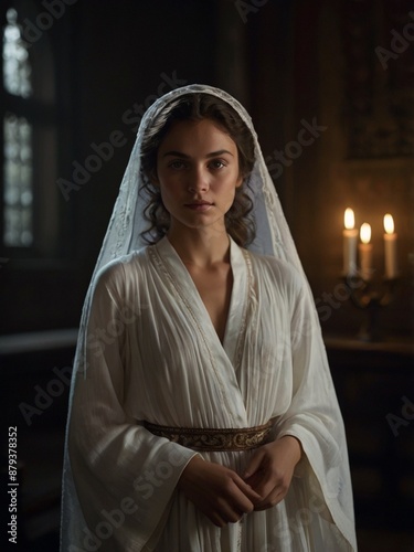 a shaman who is reverently facing the front and wearing a white hood photo