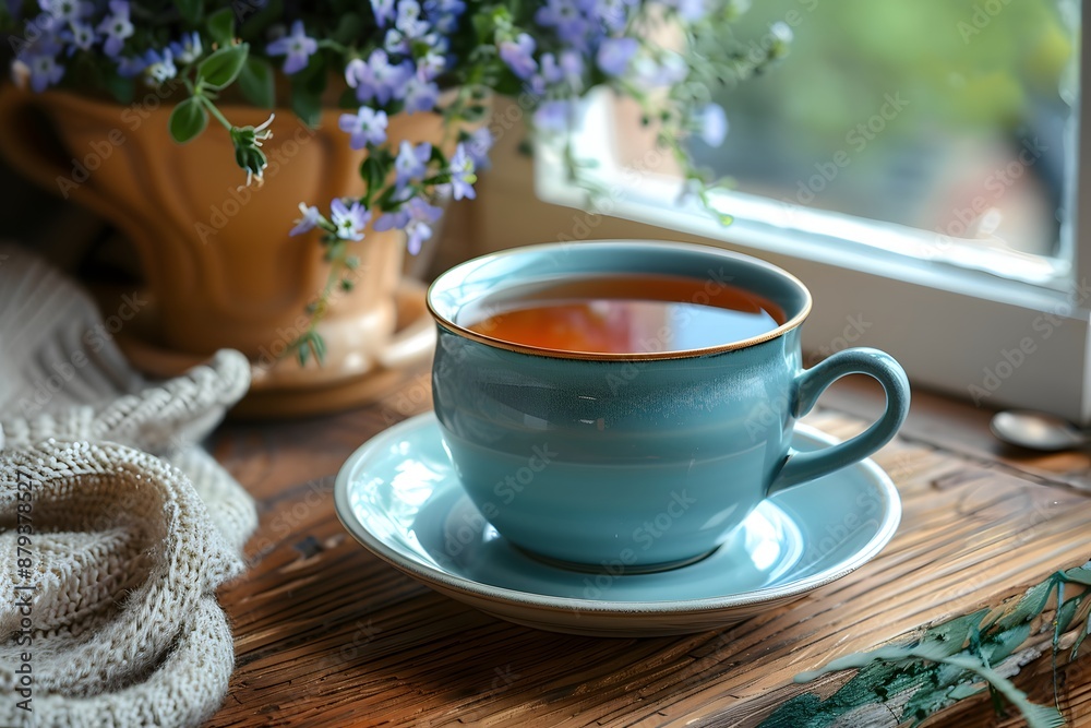 Cozy Morning Tea by the Window with Fresh Flowers Cozy Morning Tea by the Window with Fresh Flowers