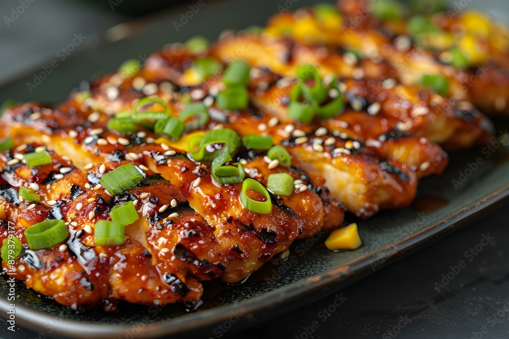 This is a photo of well-grilled and cut meat topped with barbecue sauce and vegetable toppings and placed on a plate for easy eating. This is a photo of well-grilled and cut meat topped with barbecue sauce and vegetable toppings and placed on a plate for easy eating.