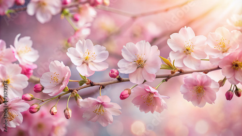 Soft pink cherry blossoms bloom against a serene Japanese-inspired background, delicate petals unfolding in vertical composition, evoking a sense of tranquility and natural beauty. © Adisorn