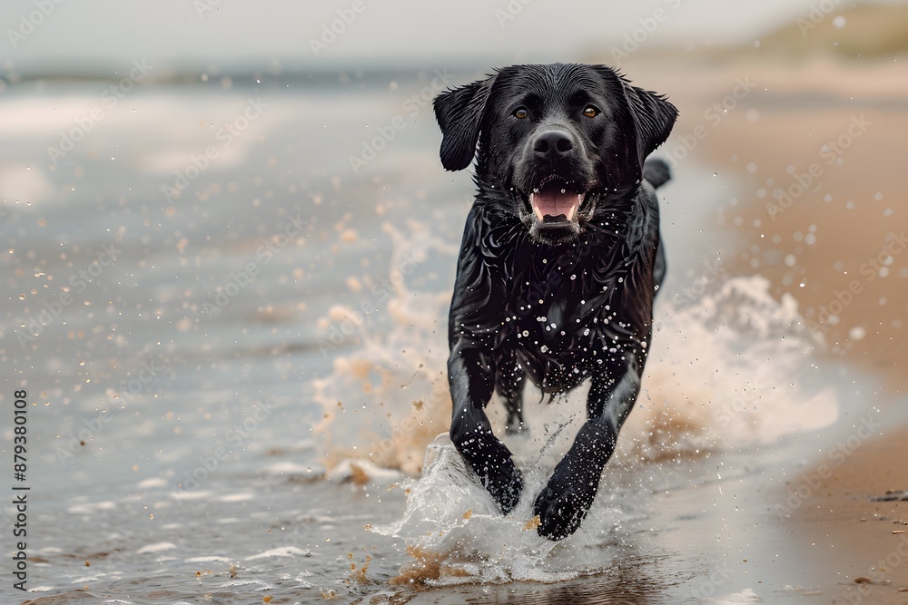 Black dog running happily splashing on the beach Black dog running happily splashing on the beach