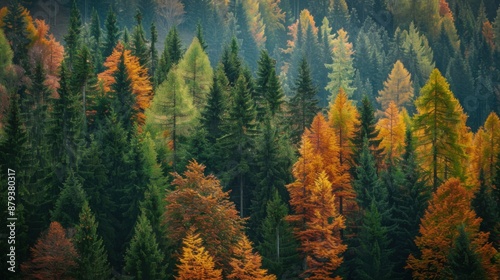 Evergreen forest in autumn, contrasting with colorful deciduous trees. Photographed with Sony A7R V, 24-70mm f/2.8 lens at 50mm. Vibrant fall colors. 