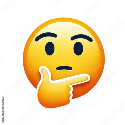 Thinking emoji face with hand on chin isolated on white background

