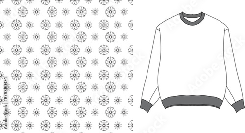 Illustration featuring a sweater and a repeating floral pattern on a white background design element