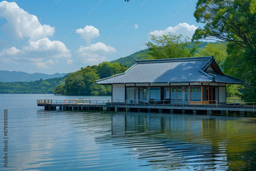 Obraz premium It is a neat water pension built in Asian style with a walkway connected to the land on a large lake.