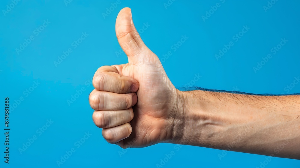 Hand showing thumbs up sign isolated on a blue background Hand showing thumbs up sign isolated on a blue background