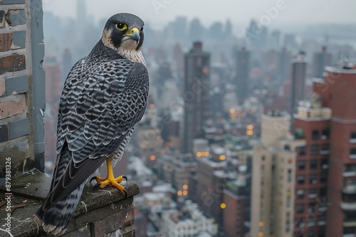 Peregrine Falcon in the City- A peregrine falcon perches on a high ledge of a skyscraper