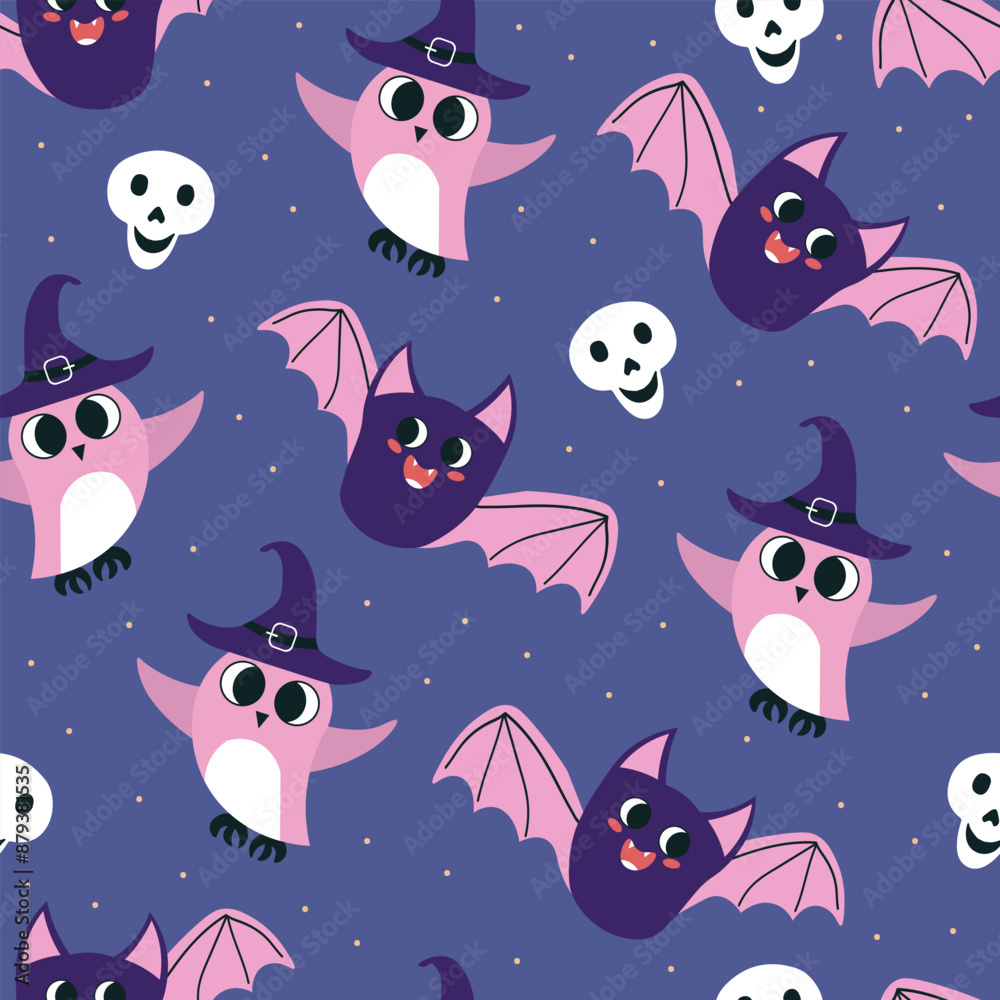 Seamless pattern with cute bat, owl in witch hat and skull on dark blue background. Vector illustration in flat style. Seamless pattern with cute bat, owl in witch hat and skull on dark blue background. Vector illustration in flat style.