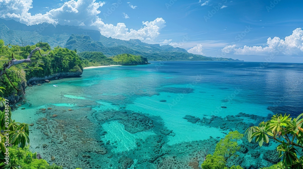 A panoramic view of a tropical island, turquoise waters and lush vegetation A panoramic view of a tropical island, turquoise waters and lush vegetation