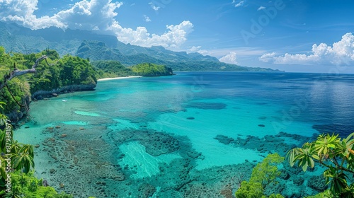 A panoramic view of a tropical island, turquoise waters and lush vegetation